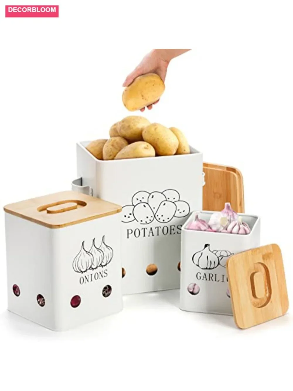 3 Pack Metal Vegetable Storage Tins with Wooden Lids, Onion Garlic Potato